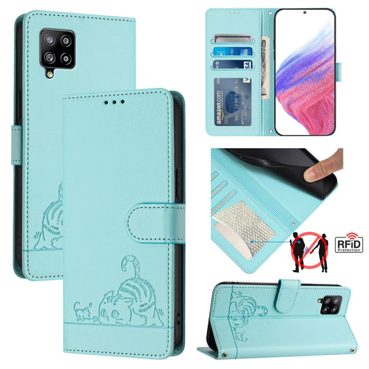 Samsung Galaxy M42 Cat and Mouse Embossed PU Leather RFID Case with Wallet Slots, Anti-Fall Protection, Kickstand, and Lanyard-buycases.co.uk