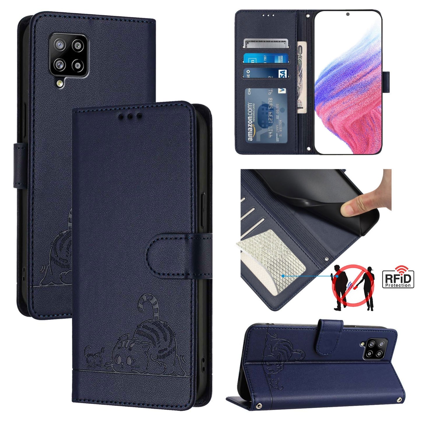 Samsung Galaxy M42 Cat and Mouse Embossed PU Leather RFID Case with Wallet Slots, Anti-Fall Protection, Kickstand, and Lanyard-buycases.co.uk