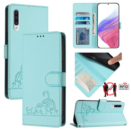 Samsung Galaxy A50s Cat and Mouse Embossed PU Leather RFID Case with Wallet Slots, Anti-Fall Protection, Kickstand, and Lanyard-buycases.co.uk