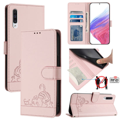 Samsung Galaxy A50s Cat and Mouse Embossed PU Leather RFID Case with Wallet Slots, Anti-Fall Protection, Kickstand, and Lanyard-buycases.co.uk