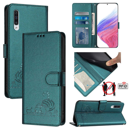 Samsung Galaxy A50s Cat and Mouse Embossed PU Leather RFID Case with Wallet Slots, Anti-Fall Protection, Kickstand, and Lanyard-buycases.co.uk