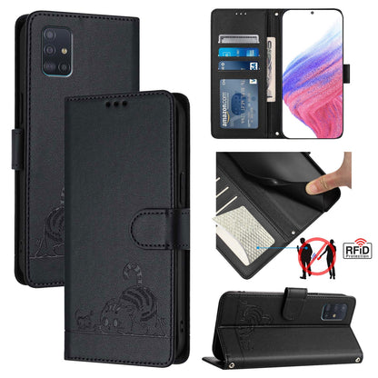 Samsung Galaxy M40s Cat and Mouse Embossed PU Leather RFID Case with Wallet Slots, Anti-Fall Protection, Kickstand, and Lanyard-buycases.co.uk