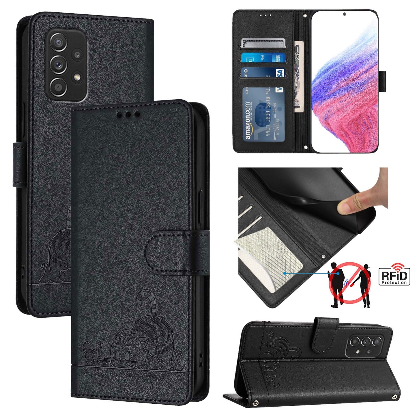 Samsung Galaxy A52 5G Cat and Mouse Embossed PU Leather RFID Case with Wallet Slots, Anti-Fall Protection, Kickstand, and Lanyard-buycases.co.uk