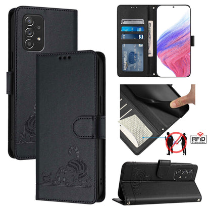Samsung Galaxy A52 5G Cat and Mouse Embossed PU Leather RFID Case with Wallet Slots, Anti-Fall Protection, Kickstand, and Lanyard-buycases.co.uk