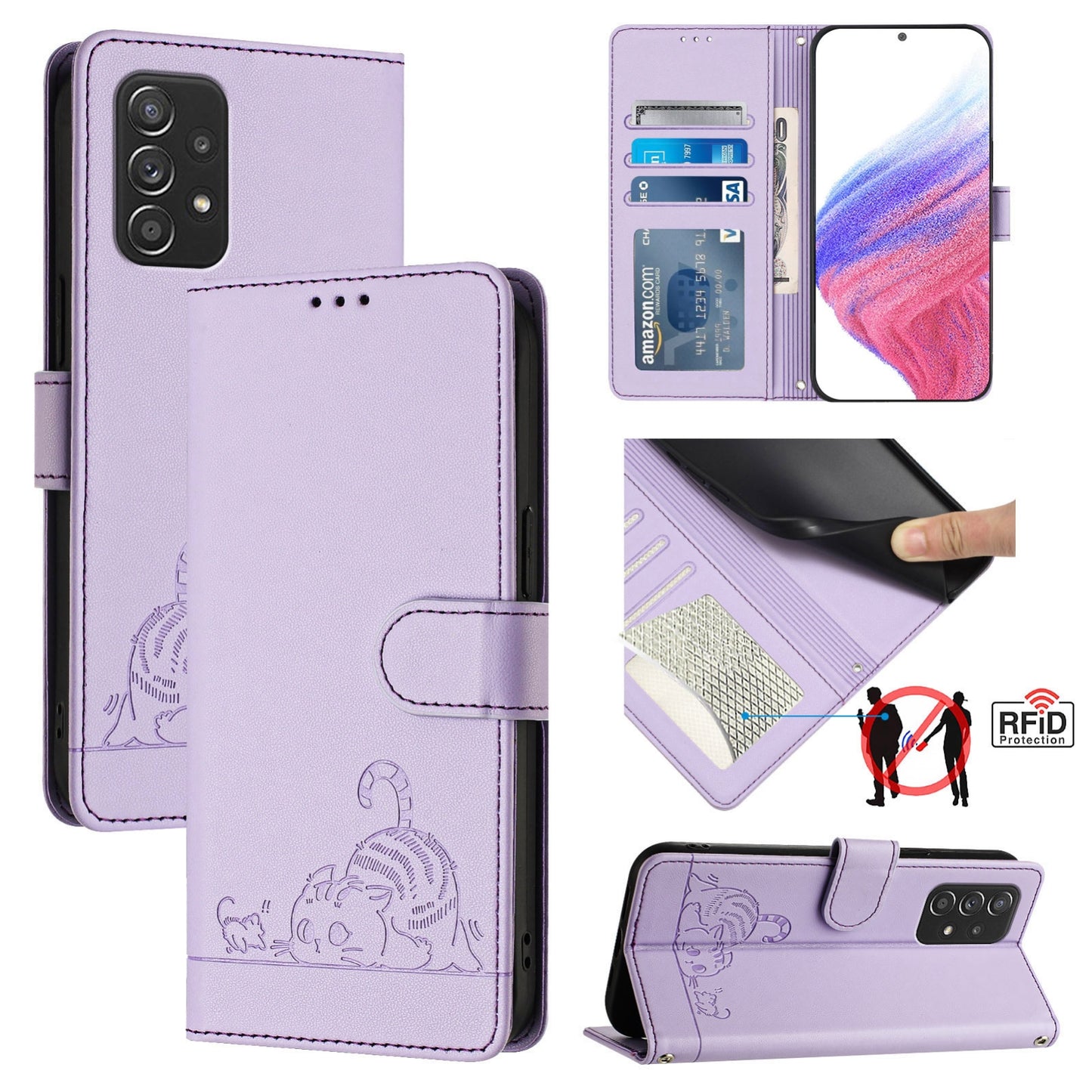 Samsung Galaxy A52s 5G Cat and Mouse Embossed PU Leather RFID Case with Wallet Slots, Anti-Fall Protection, Kickstand, and Lanyard-buycases.co.uk