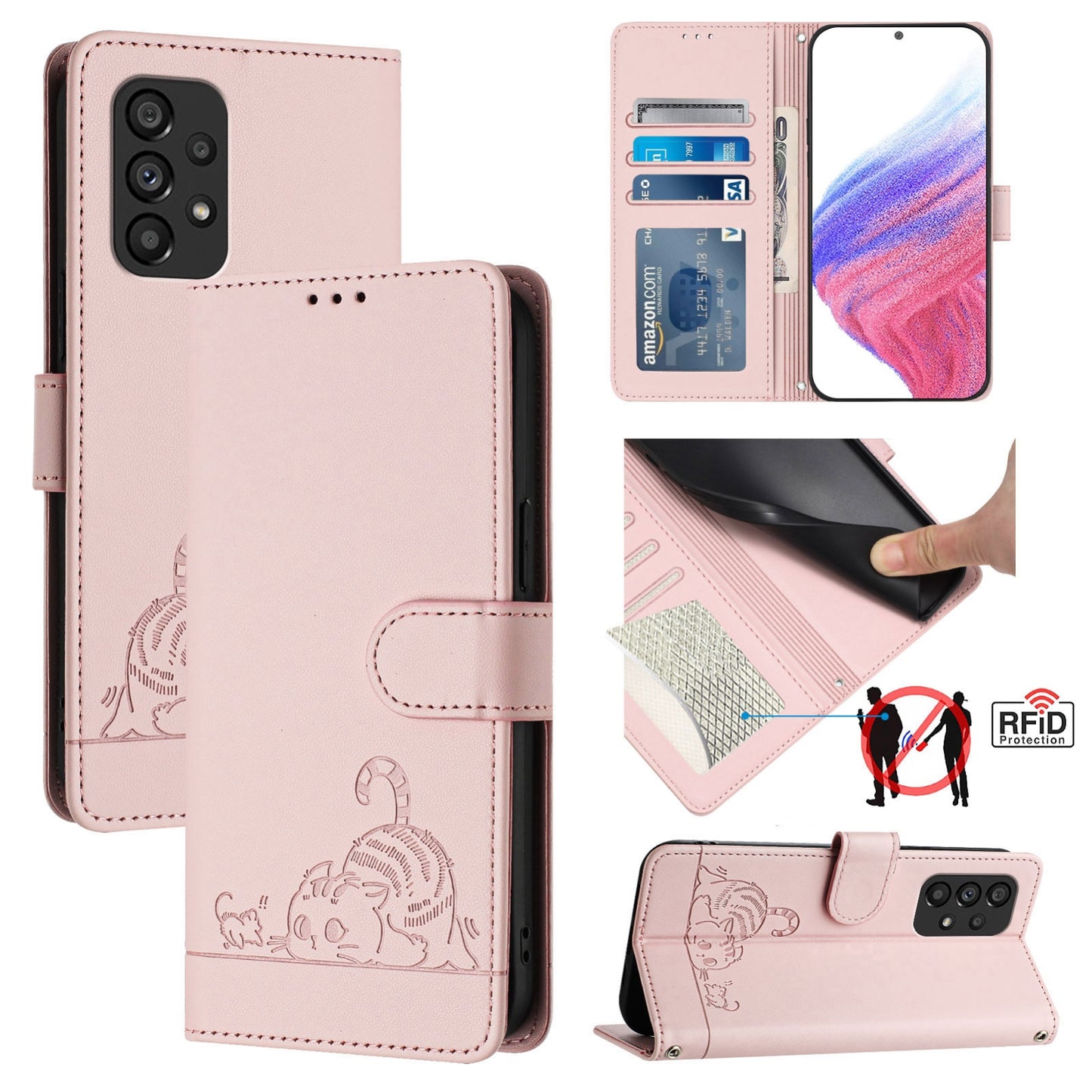 Samsung Galaxy A53 5G Cat and Mouse Embossed PU Leather RFID Case with Wallet Slots, Anti-Fall Protection, Kickstand, and Lanyard-buycases.co.uk