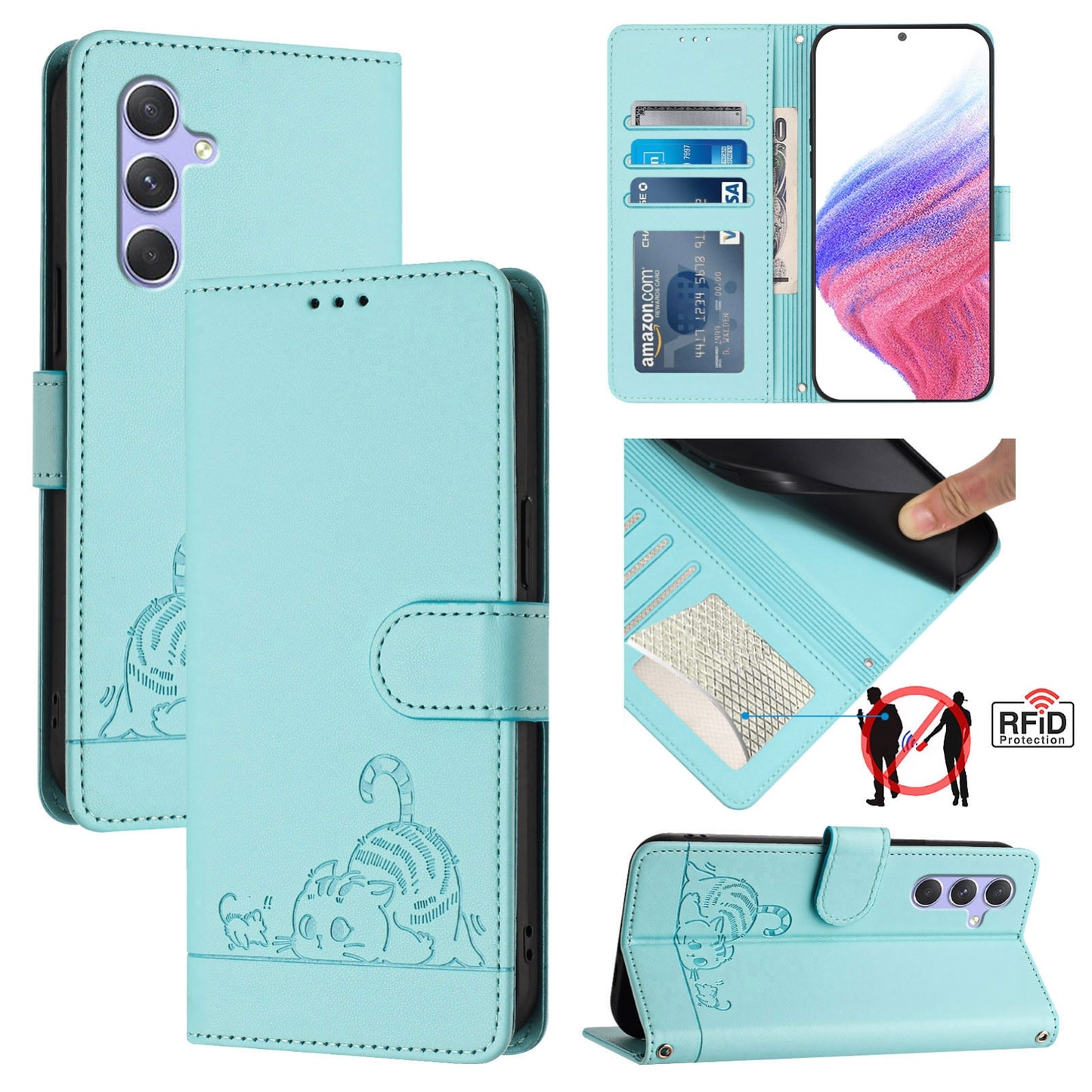 Samsung Galaxy A54 5G Cat and Mouse Embossed PU Leather RFID Case with Wallet Slots, Anti-Fall Protection, Kickstand, and Lanyard-buycases.co.uk