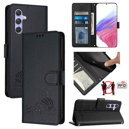 Samsung Galaxy A54 5G Cat and Mouse Embossed PU Leather RFID Case with Wallet Slots, Anti-Fall Protection, Kickstand, and Lanyard-buycases.co.uk