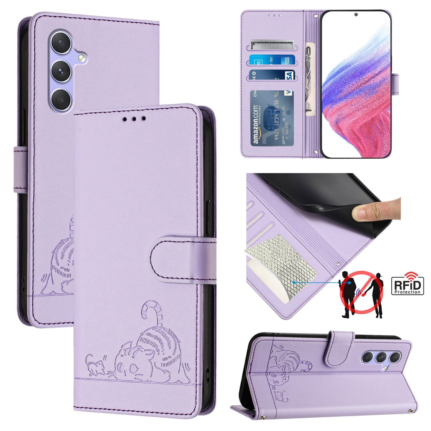 Samsung Galaxy A54 5G Cat and Mouse Embossed PU Leather RFID Case with Wallet Slots, Anti-Fall Protection, Kickstand, and Lanyard-buycases.co.uk