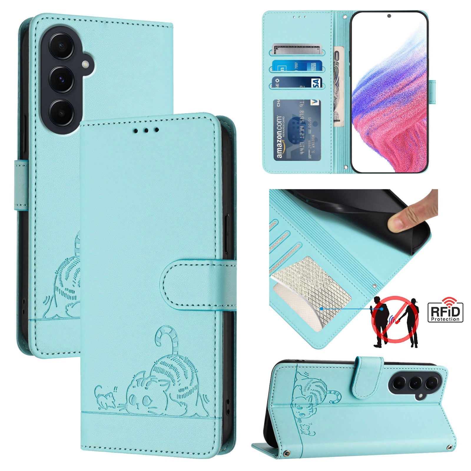 Samsung Galaxy A55 5G Cat and Mouse Embossed PU Leather RFID Case with Wallet Slots, Anti-Fall Protection, Kickstand, and Lanyard-buycases.co.uk