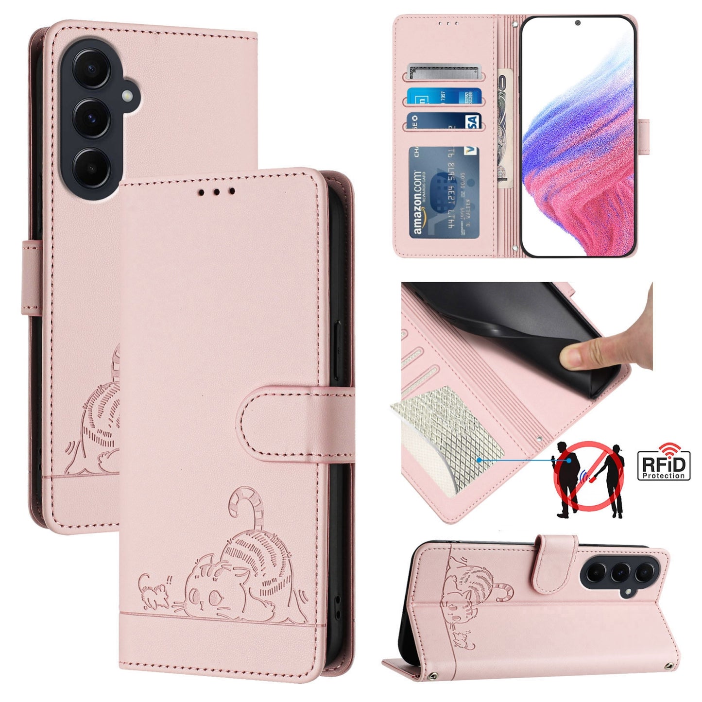 Samsung Galaxy A55 5G Cat and Mouse Embossed PU Leather RFID Case with Wallet Slots, Anti-Fall Protection, Kickstand, and Lanyard-buycases.co.uk