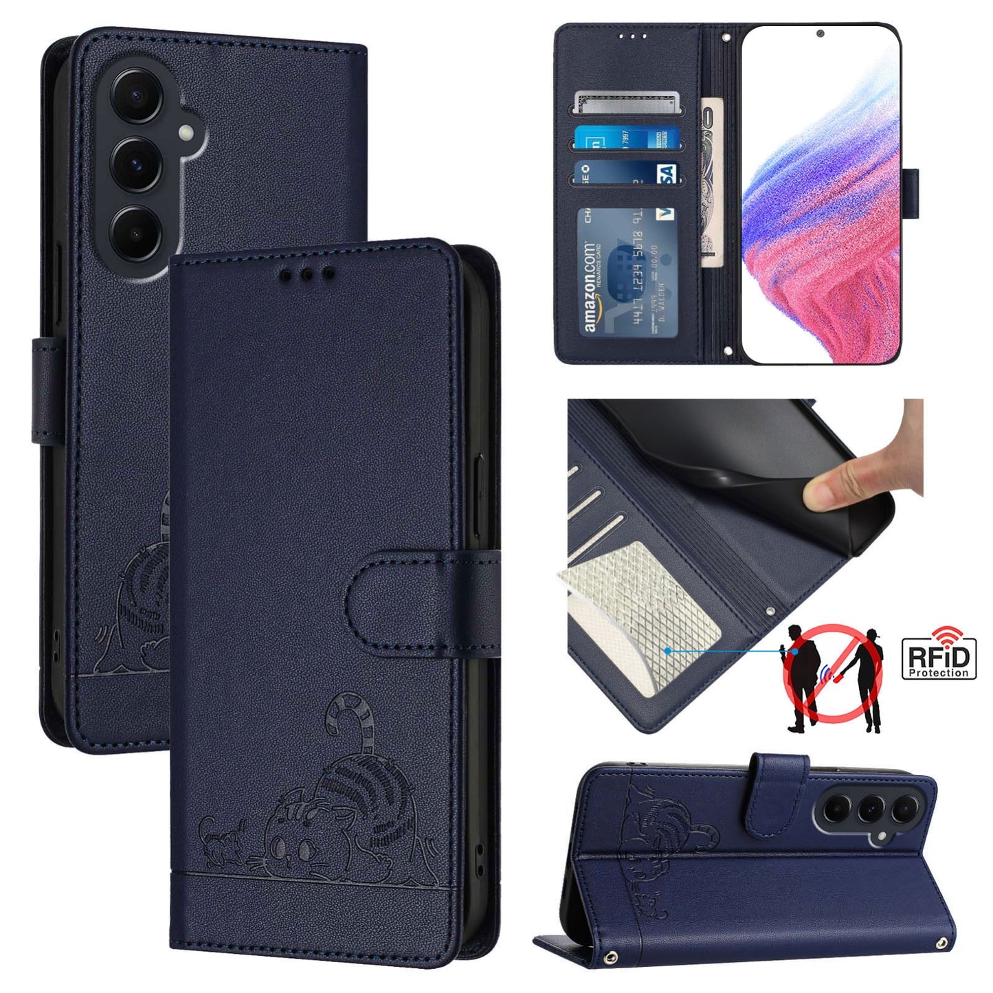 Samsung Galaxy A55 5G Cat and Mouse Embossed PU Leather RFID Case with Wallet Slots, Anti-Fall Protection, Kickstand, and Lanyard-buycases.co.uk
