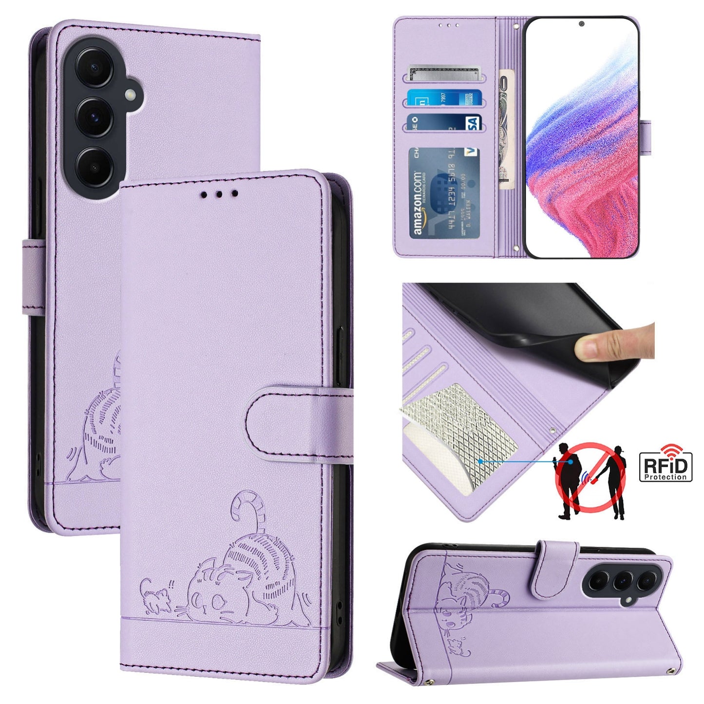 Samsung Galaxy A55 5G Cat and Mouse Embossed PU Leather RFID Case with Wallet Slots, Anti-Fall Protection, Kickstand, and Lanyard-buycases.co.uk