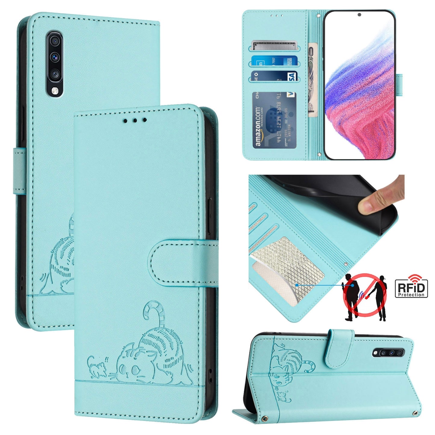 Samsung Galaxy A70s Cat and Mouse Embossed PU Leather RFID Case with Wallet Slots, Anti-Fall Protection, Kickstand, and Lanyard-buycases.co.uk