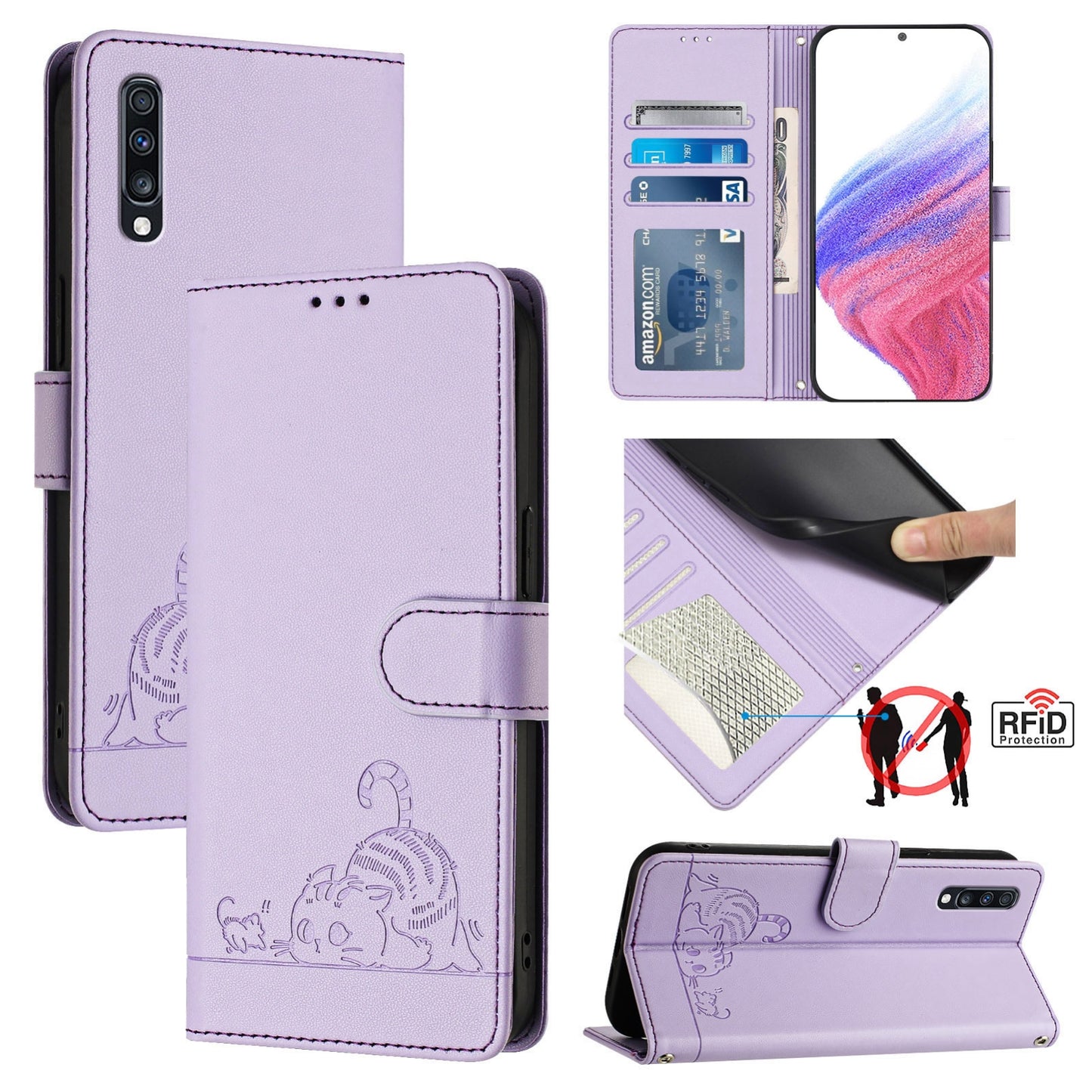 Samsung Galaxy A70s Cat and Mouse Embossed PU Leather RFID Case with Wallet Slots, Anti-Fall Protection, Kickstand, and Lanyard-buycases.co.uk