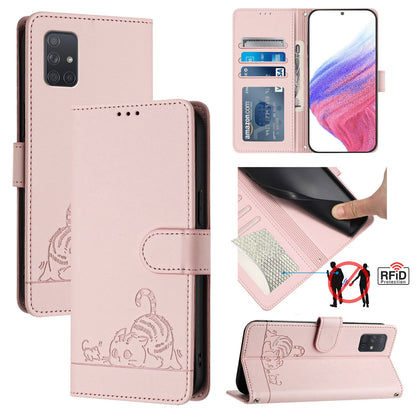 Samsung Galaxy A71 4G Cat and Mouse Embossed PU Leather RFID Case with Wallet Slots, Anti-Fall Protection, Kickstand, and Lanyard-buycases.co.uk