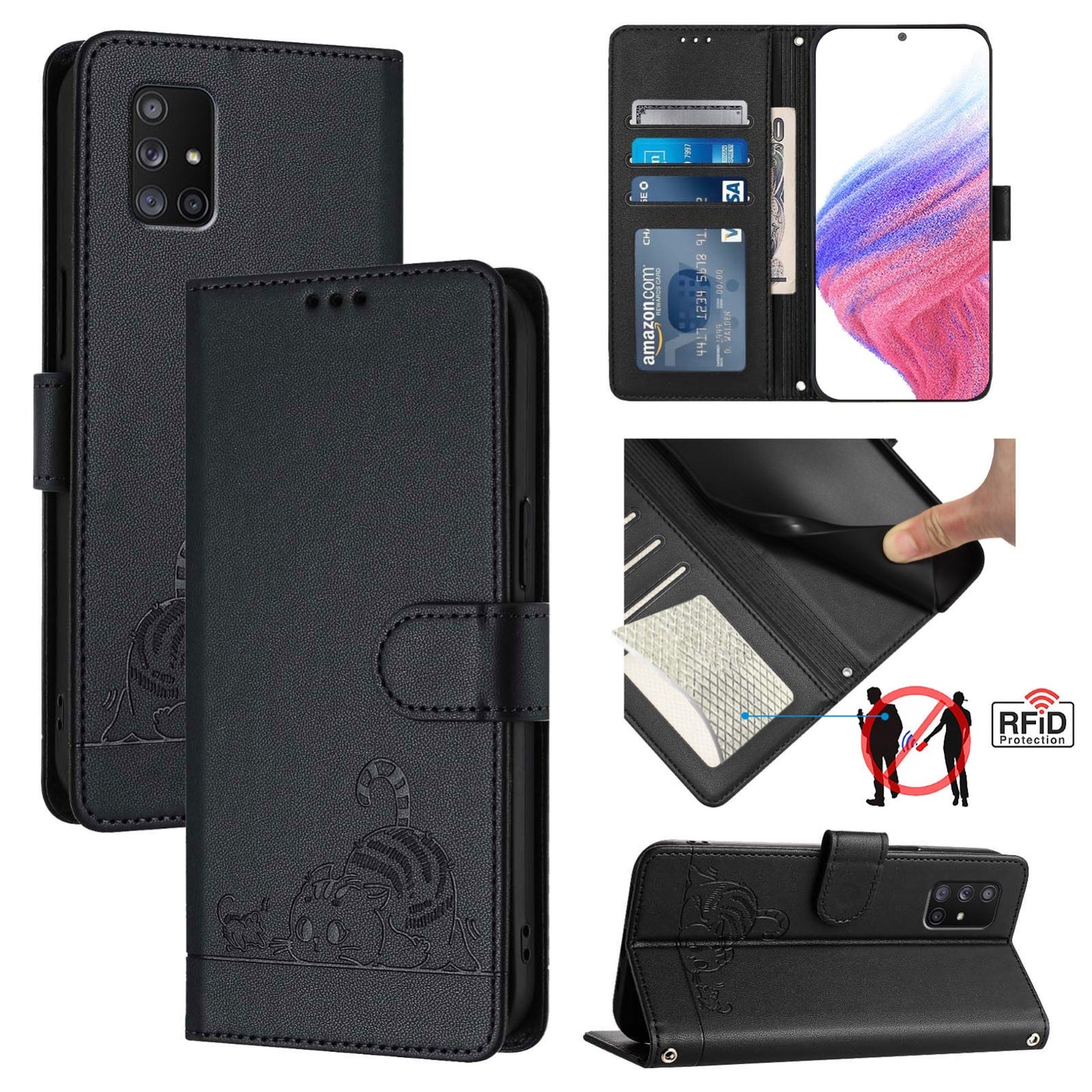 Samsung Galaxy A71 5G Cat and Mouse Embossed PU Leather RFID Case with Wallet Slots, Anti-Fall Protection, Kickstand, and Lanyard-buycases.co.uk