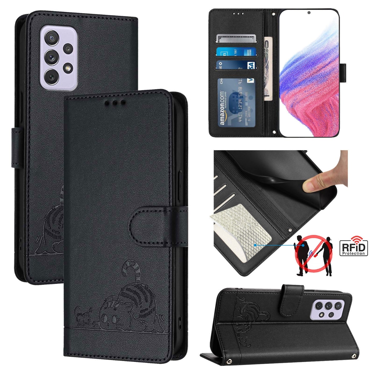 Samsung Galaxy A72 4G Cat and Mouse Embossed PU Leather RFID Case with Wallet Slots, Anti-Fall Protection, Kickstand, and Lanyard-buycases.co.uk