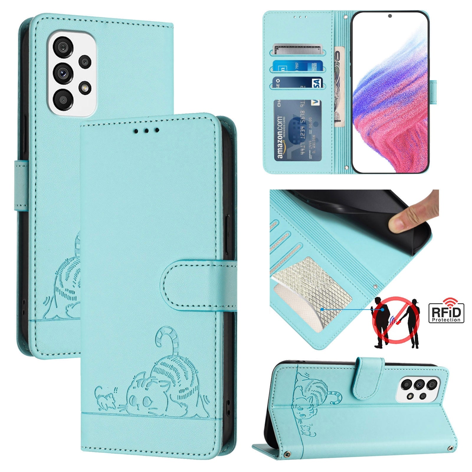 Samsung Galaxy A73 5G Cat and Mouse Embossed PU Leather RFID Case with Wallet Slots, Anti-Fall Protection, Kickstand, and Lanyard-buycases.co.uk