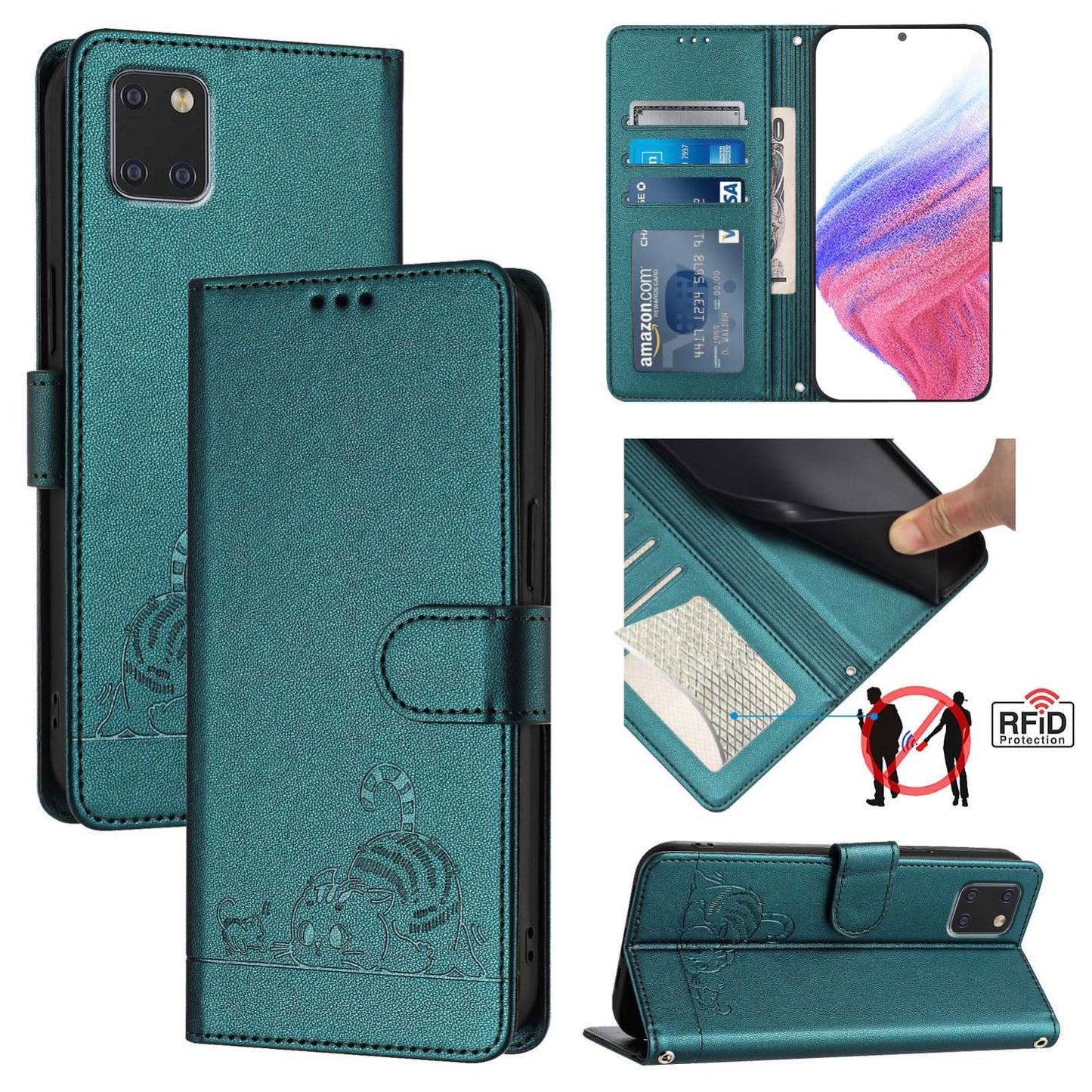 Samsung Galaxy M60s Cat and Mouse Embossed PU Leather RFID Case with Wallet Slots, Anti-Fall Protection, Kickstand, and Lanyard-buycases.co.uk