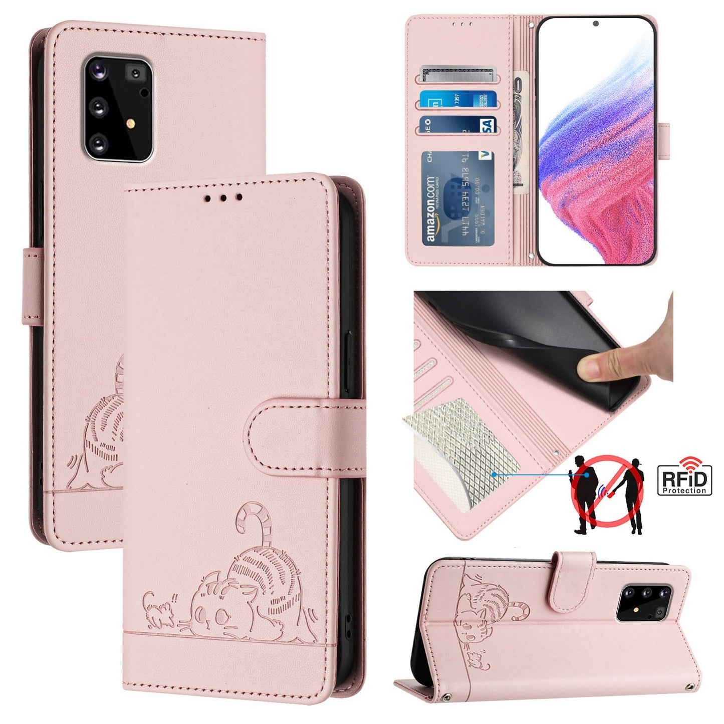 Samsung Galaxy S10 Lite Cat and Mouse Embossed PU Leather RFID Case with Wallet Slots, Anti-Fall Protection, Kickstand, and Lanyard-buycases.co.uk