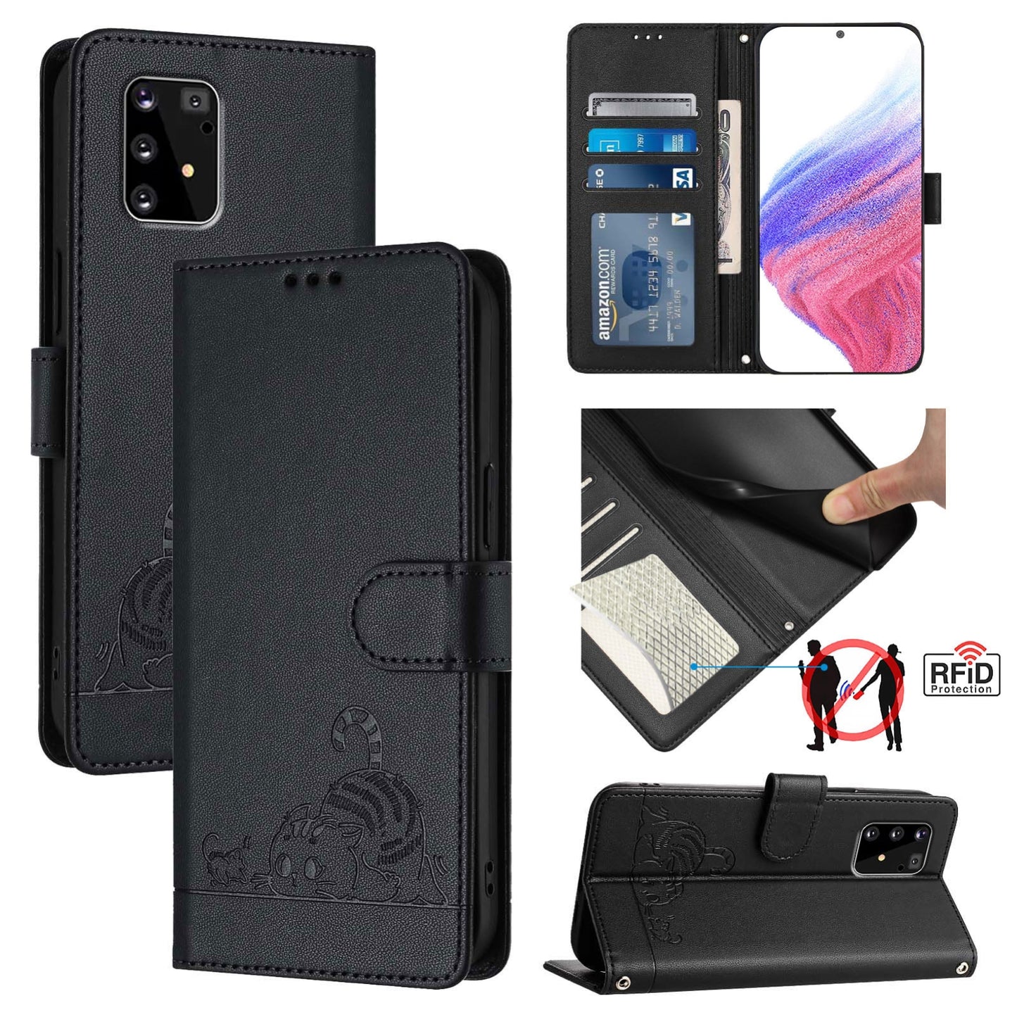 Samsung Galaxy S10 Lite Cat and Mouse Embossed PU Leather RFID Case with Wallet Slots, Anti-Fall Protection, Kickstand, and Lanyard-buycases.co.uk