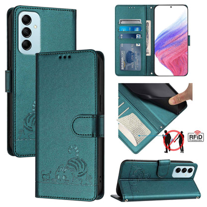 Samsung Galaxy M14 5G Cat and Mouse Embossed PU Leather RFID Case with Wallet Slots, Anti-Fall Protection, Kickstand, and Lanyard-buycases.co.uk