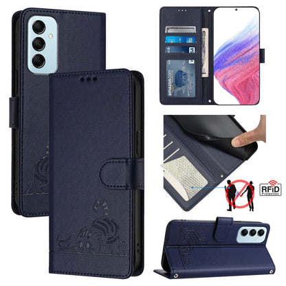 Samsung Galaxy M14 5G Cat and Mouse Embossed PU Leather RFID Case with Wallet Slots, Anti-Fall Protection, Kickstand, and Lanyard-buycases.co.uk