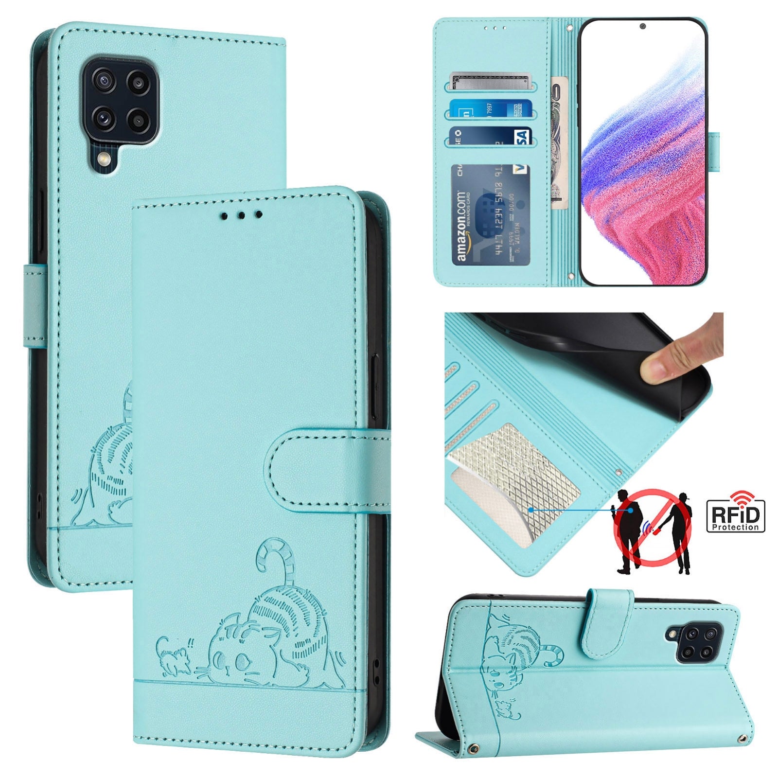 Samsung Galaxy M22 Cat and Mouse Embossed PU Leather RFID Case with Wallet Slots, Anti-Fall Protection, Kickstand, and Lanyard-buycases.co.uk