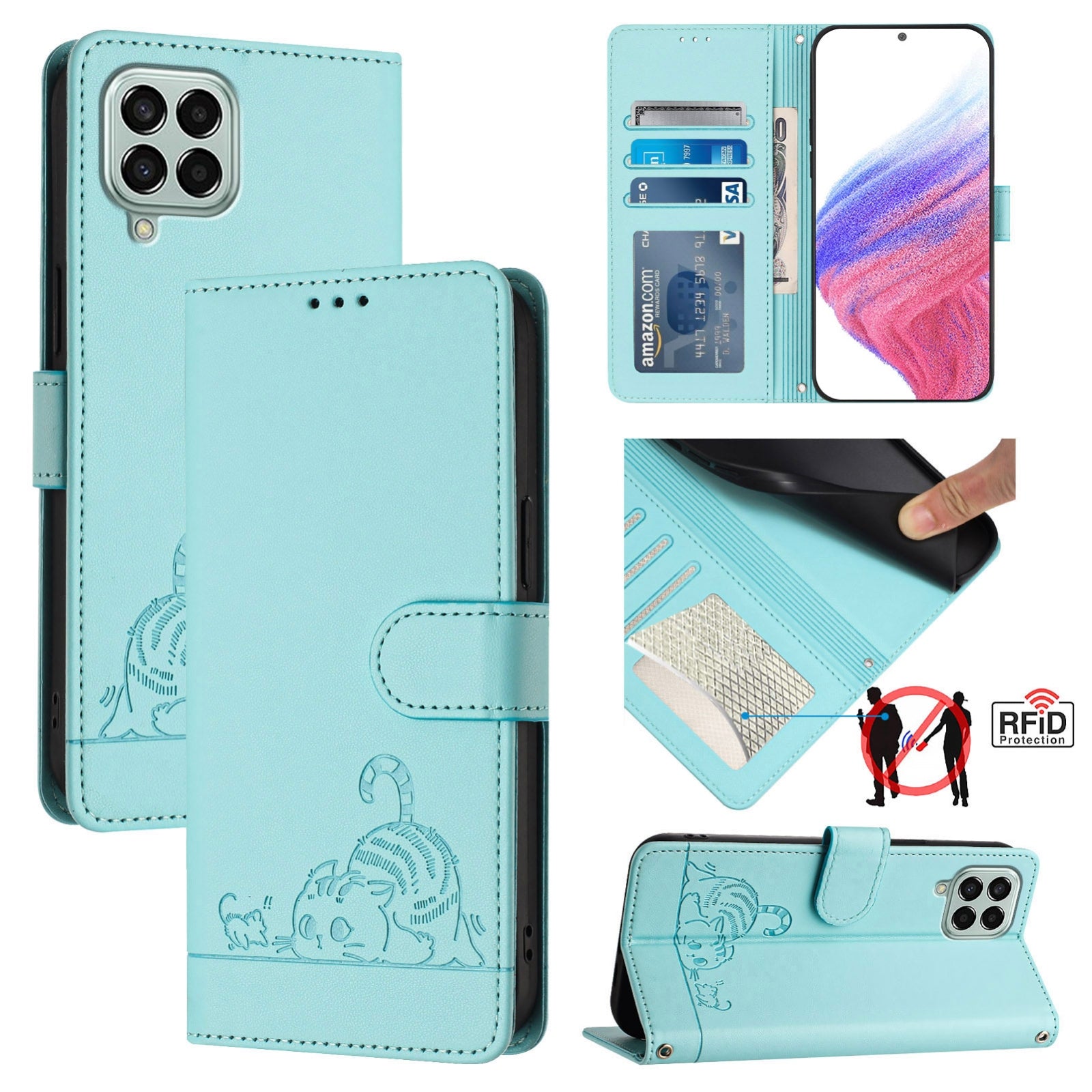 Samsung Galaxy M33 5G Global Cat and Mouse Embossed PU Leather RFID Case with Wallet Slots, Anti-Fall Protection, Kickstand, and Lanyard-buycases.co.uk