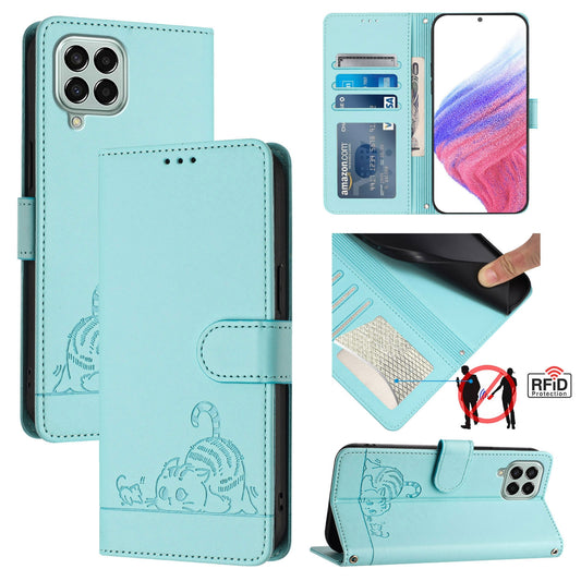 Samsung Galaxy M33 5G Global Cat and Mouse Embossed PU Leather RFID Case with Wallet Slots, Anti-Fall Protection, Kickstand, and Lanyard-buycases.co.uk