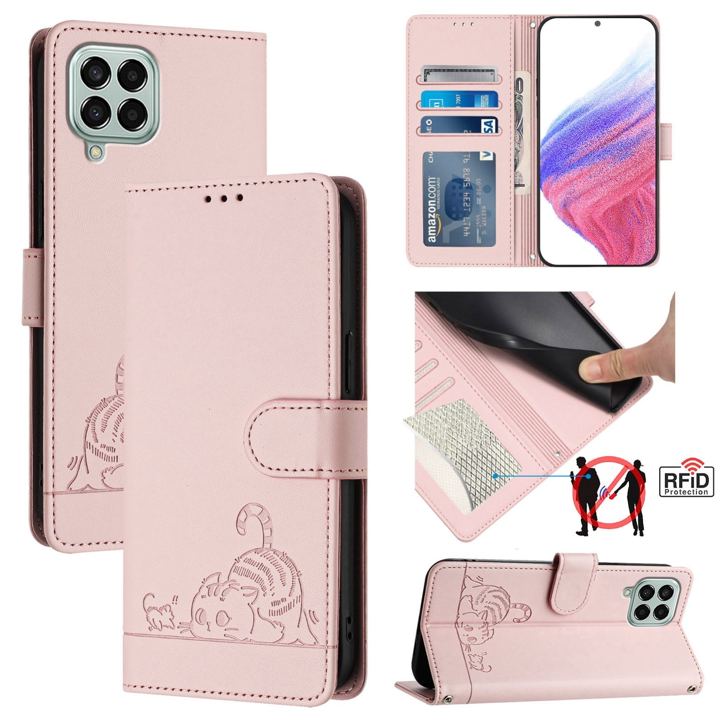 Samsung Galaxy M33 5G Global Cat and Mouse Embossed PU Leather RFID Case with Wallet Slots, Anti-Fall Protection, Kickstand, and Lanyard-buycases.co.uk