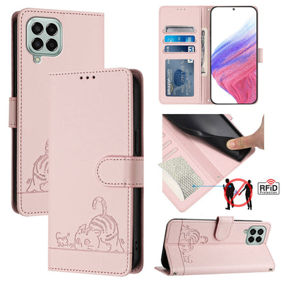 Samsung Galaxy M33 5G Global Cat and Mouse Embossed PU Leather RFID Case with Wallet Slots, Anti-Fall Protection, Kickstand, and Lanyard-buycases.co.uk