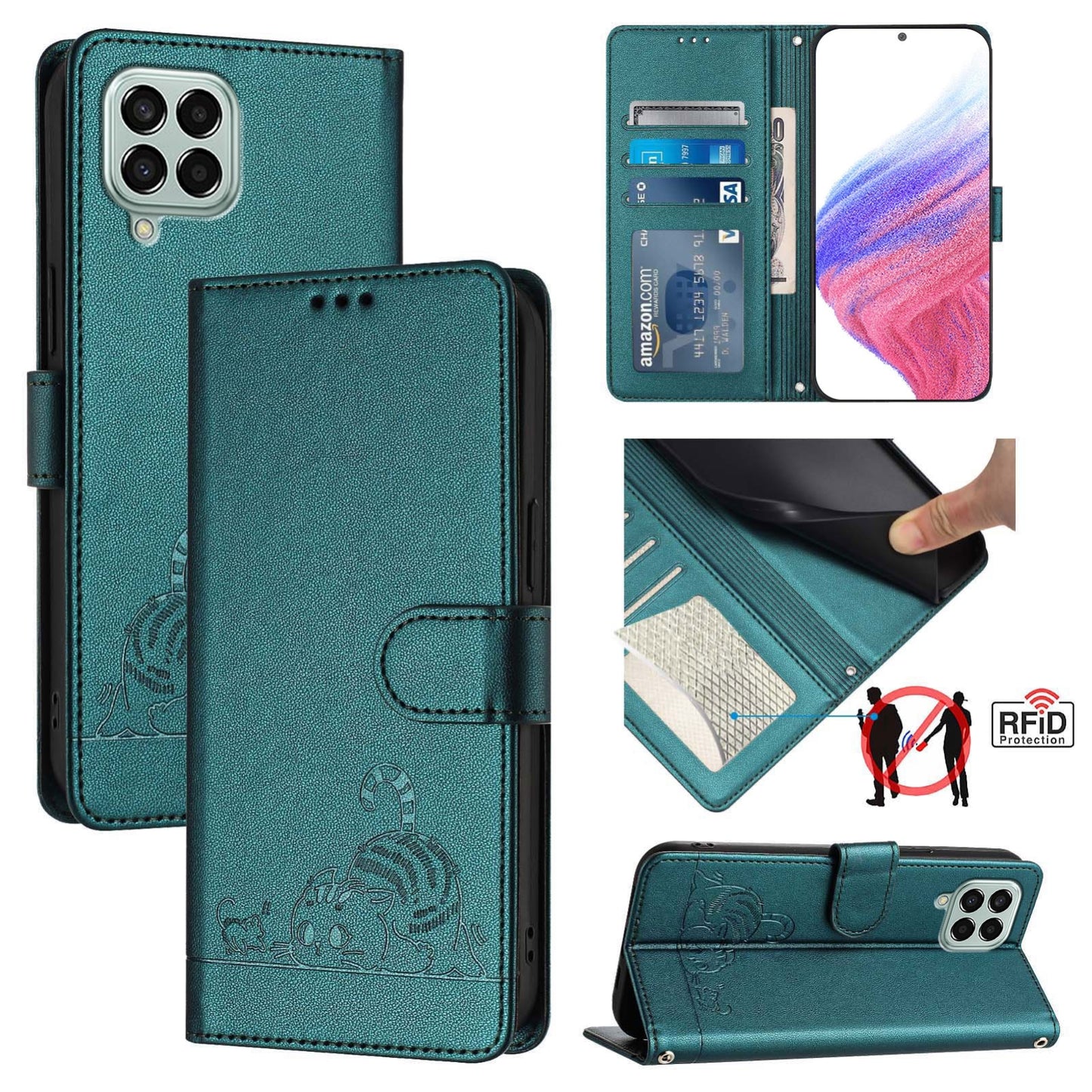 Samsung Galaxy M33 5G Global Cat and Mouse Embossed PU Leather RFID Case with Wallet Slots, Anti-Fall Protection, Kickstand, and Lanyard-buycases.co.uk