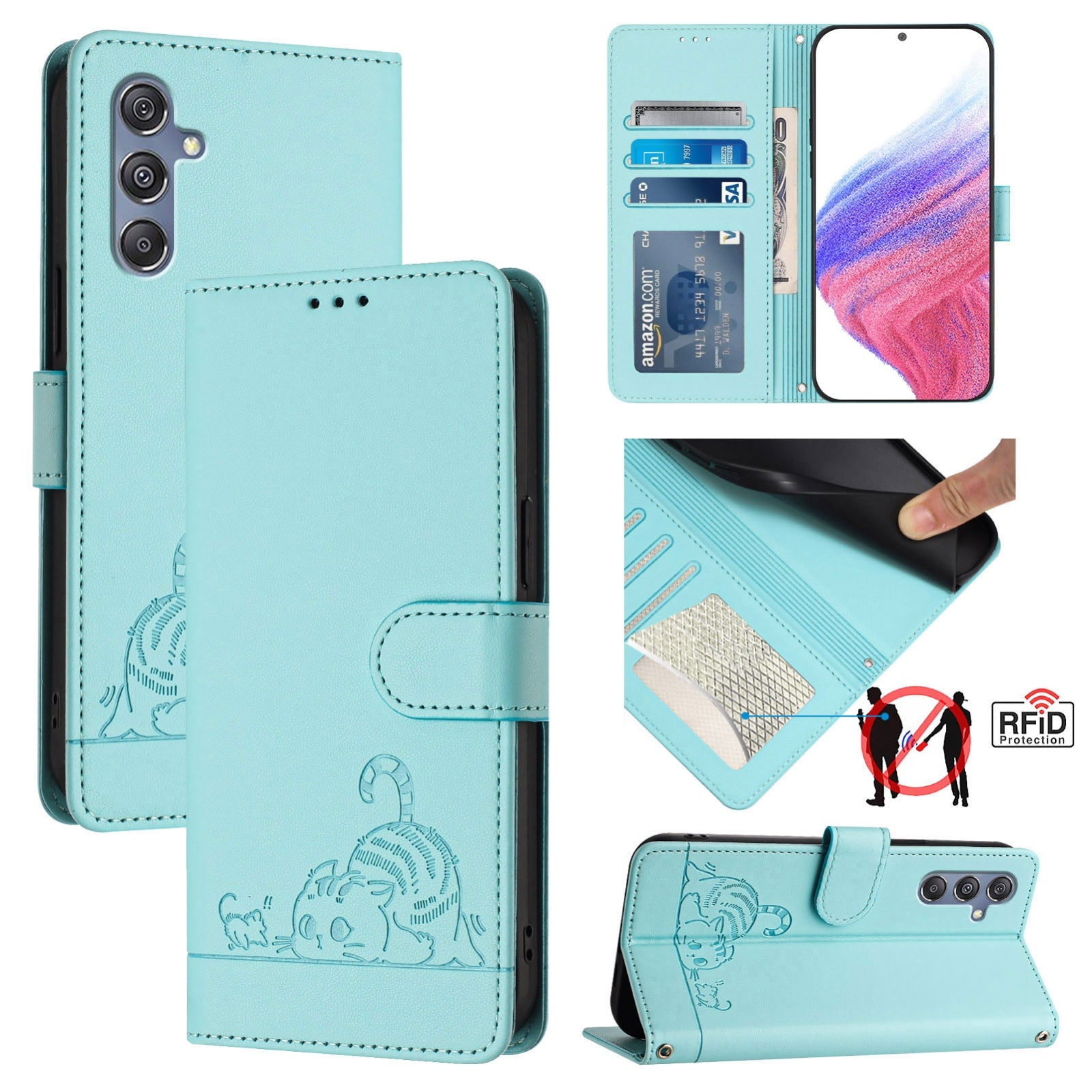 Samsung Galaxy F34 5G Cat and Mouse Embossed PU Leather RFID Case with Wallet Slots, Anti-Fall Protection, Kickstand, and Lanyard-buycases.co.uk