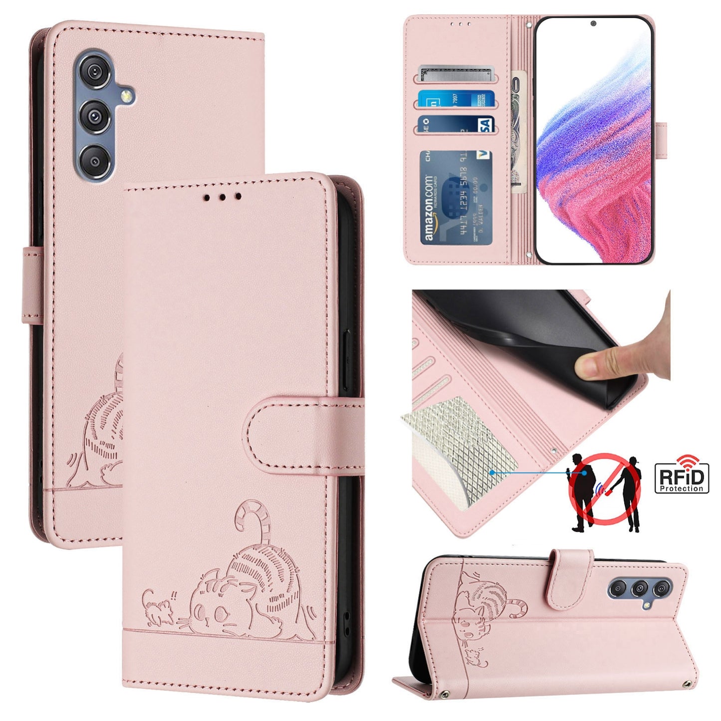 Samsung Galaxy M34 5G Cat and Mouse Embossed PU Leather RFID Case with Wallet Slots, Anti-Fall Protection, Kickstand, and Lanyard-buycases.co.uk