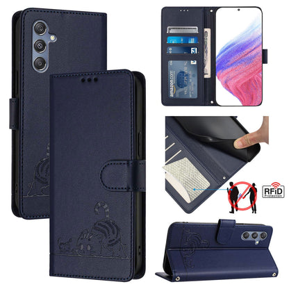 Samsung Galaxy F34 5G Cat and Mouse Embossed PU Leather RFID Case with Wallet Slots, Anti-Fall Protection, Kickstand, and Lanyard-buycases.co.uk