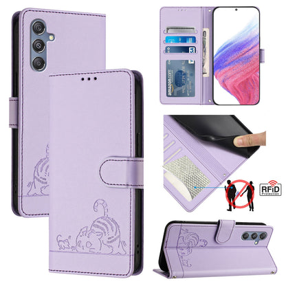 Samsung Galaxy F34 5G Cat and Mouse Embossed PU Leather RFID Case with Wallet Slots, Anti-Fall Protection, Kickstand, and Lanyard-buycases.co.uk