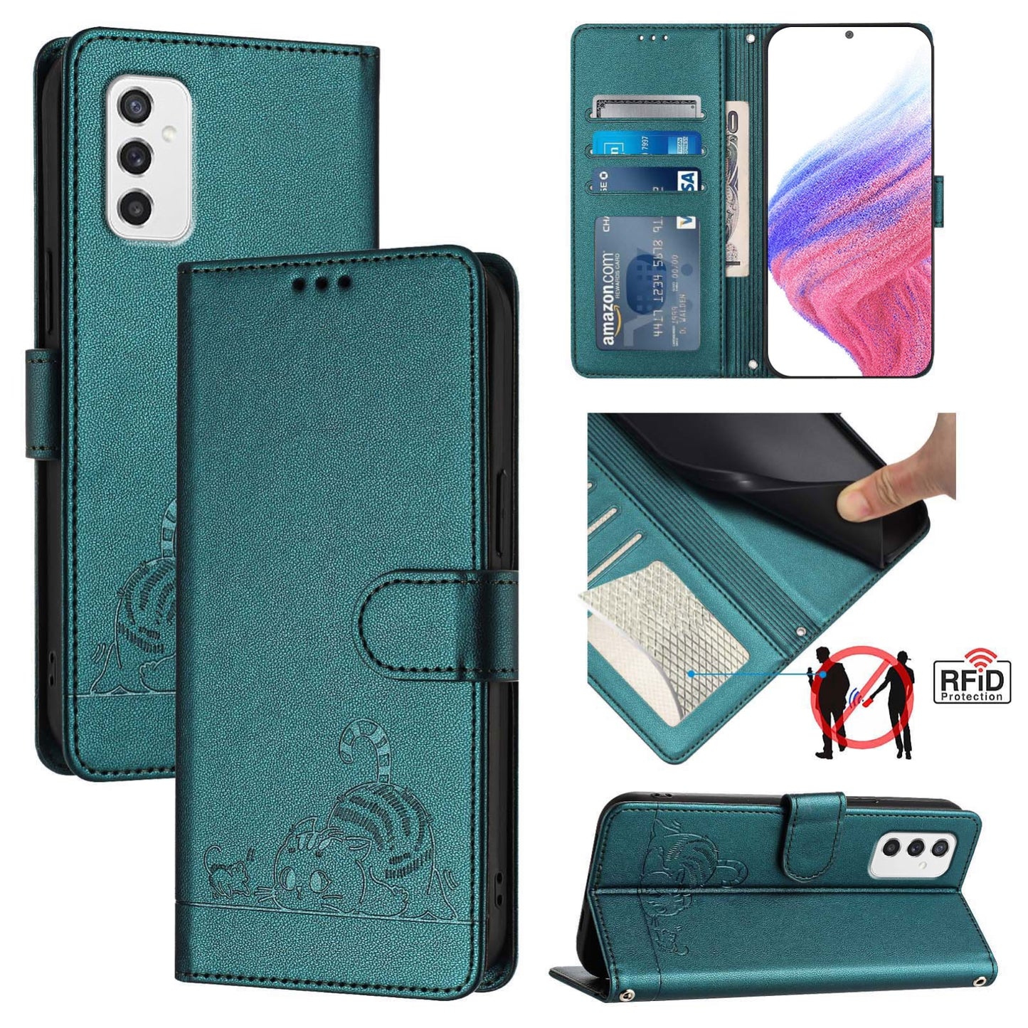 Samsung Galaxy M52 5G Cat and Mouse Embossed PU Leather RFID Case with Wallet Slots, Anti-Fall Protection, Kickstand, and Lanyard-buycases.co.uk