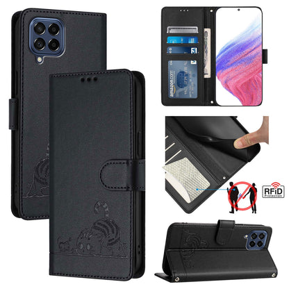 Samsung Galaxy M53 5G Cat and Mouse Embossed PU Leather RFID Case with Wallet Slots, Anti-Fall Protection, Kickstand, and Lanyard-buycases.co.uk