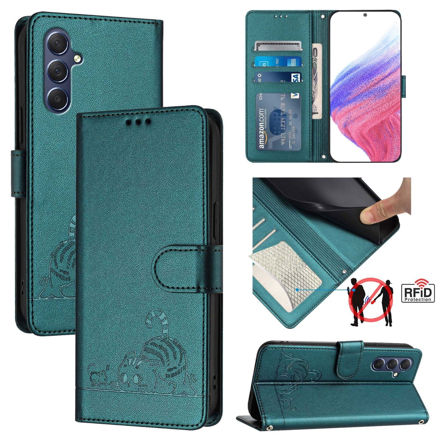 Samsung Galaxy F54 5G Cat and Mouse Embossed PU Leather RFID Case with Wallet Slots, Anti-Fall Protection, Kickstand, and Lanyard-buycases.co.uk