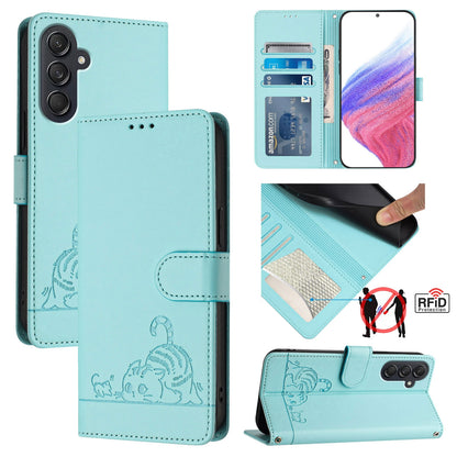 Samsung Galaxy M55 Cat and Mouse Embossed PU Leather RFID Case with Wallet Slots, Anti-Fall Protection, Kickstand, and Lanyard-buycases.co.uk