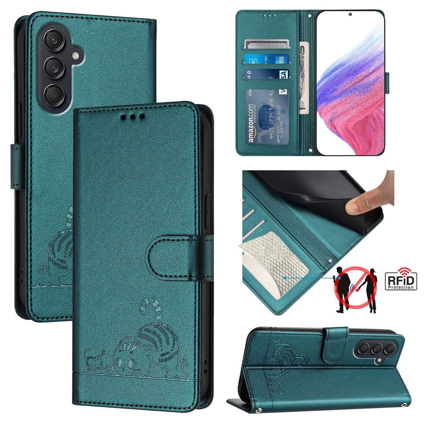 Samsung Galaxy M55 Cat and Mouse Embossed PU Leather RFID Case with Wallet Slots, Anti-Fall Protection, Kickstand, and Lanyard-buycases.co.uk
