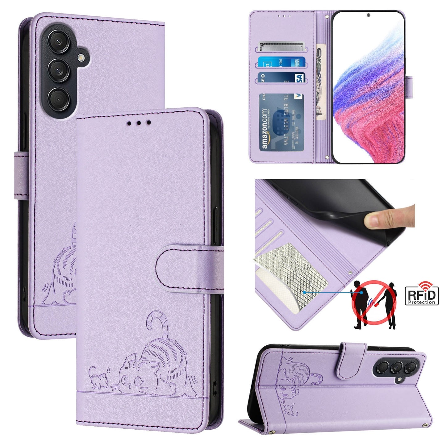 Samsung Galaxy M55 Cat and Mouse Embossed PU Leather RFID Case with Wallet Slots, Anti-Fall Protection, Kickstand, and Lanyard-buycases.co.uk