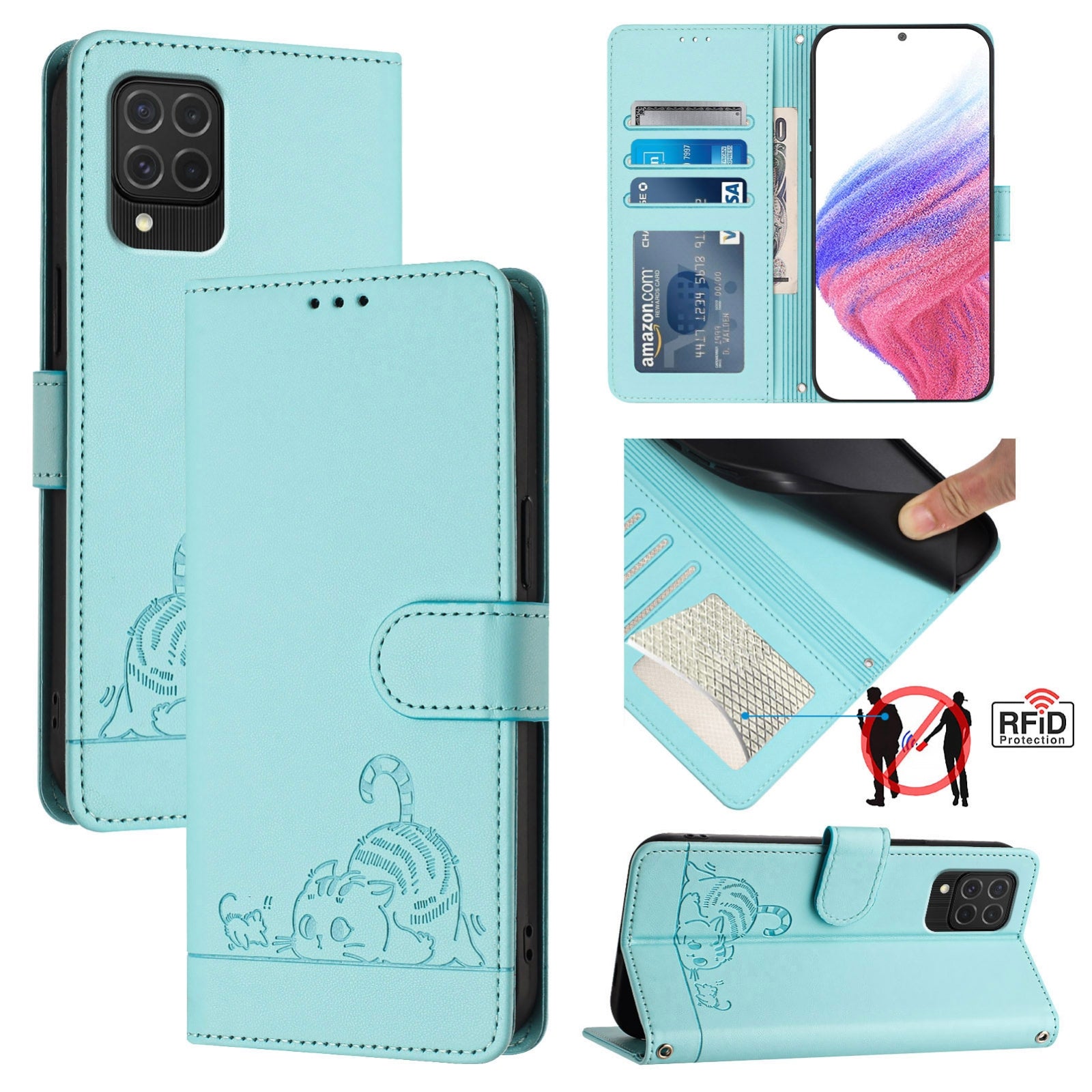 Samsung Galaxy M62 Cat and Mouse Embossed PU Leather RFID Case with Wallet Slots, Anti-Fall Protection, Kickstand, and Lanyard-buycases.co.uk