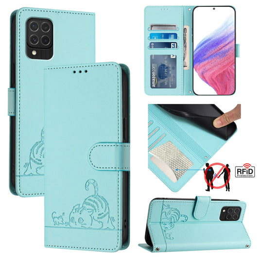 Samsung Galaxy M62 Cat and Mouse Embossed PU Leather RFID Case with Wallet Slots, Anti-Fall Protection, Kickstand, and Lanyard-buycases.co.uk