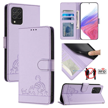 Samsung Galaxy M62 Cat and Mouse Embossed PU Leather RFID Case with Wallet Slots, Anti-Fall Protection, Kickstand, and Lanyard-buycases.co.uk
