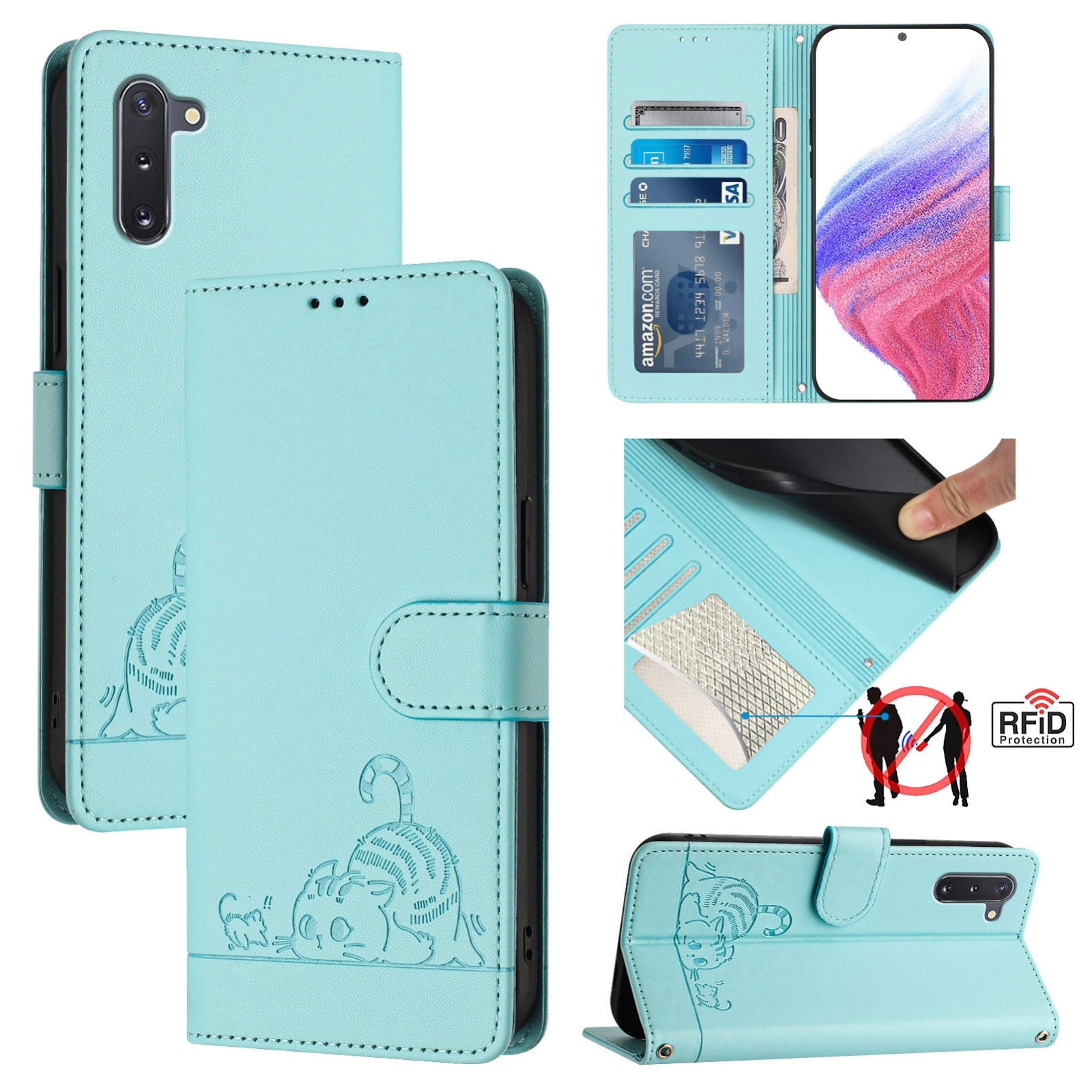 Samsung Galaxy Note 10 Cat and Mouse Embossed PU Leather RFID Case with Wallet Slots, Anti-Fall Protection, Kickstand, and Lanyard-buycases.co.uk