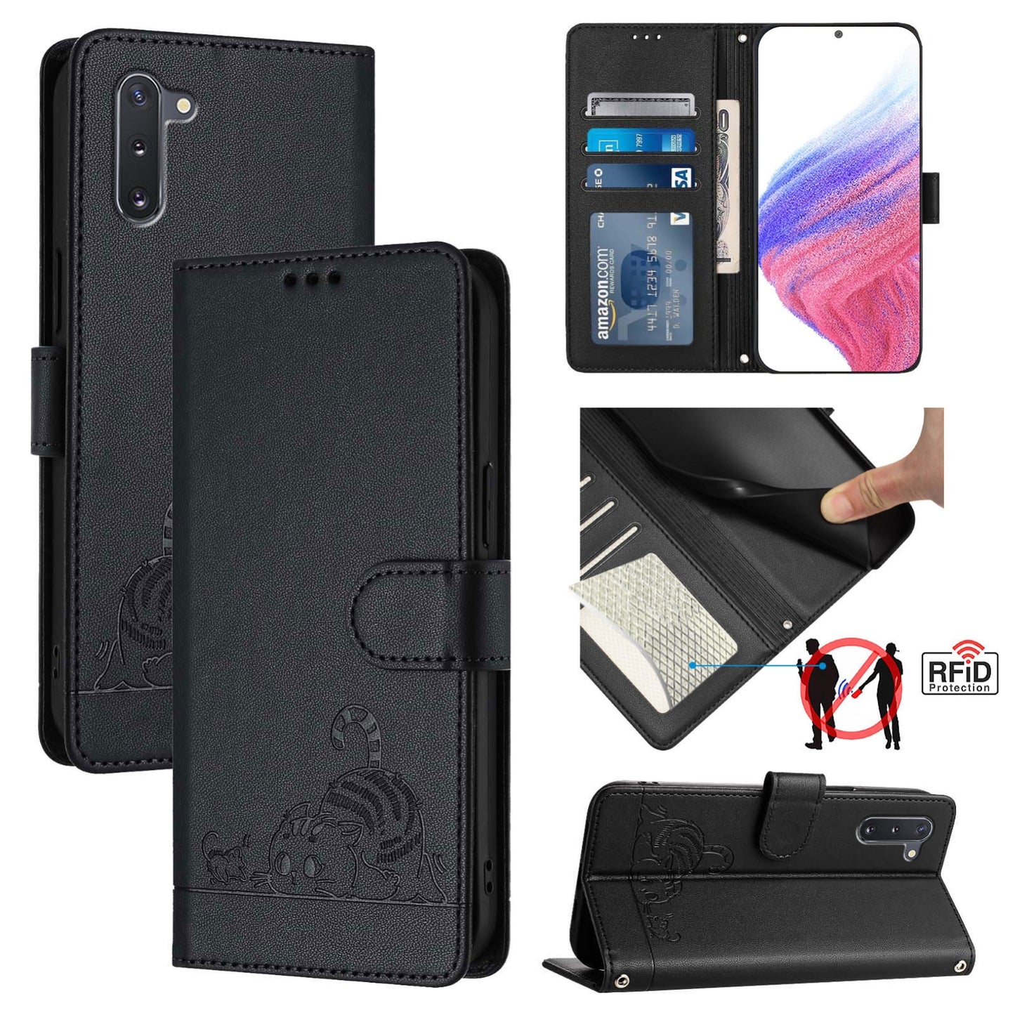 Samsung Galaxy Note 10 Cat and Mouse Embossed PU Leather RFID Case with Wallet Slots, Anti-Fall Protection, Kickstand, and Lanyard-buycases.co.uk