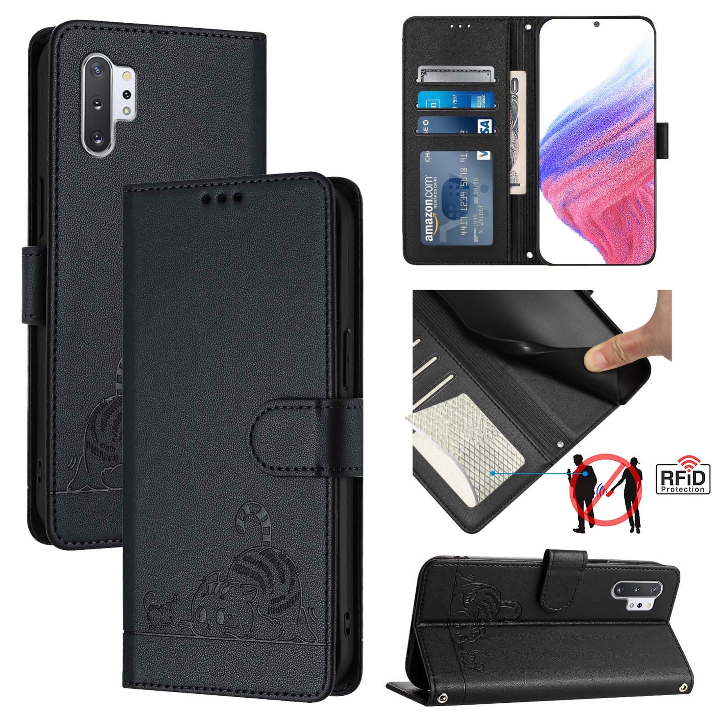 Samsung Galaxy Note 10+ Cat and Mouse Embossed PU Leather RFID Case with Wallet Slots, Anti-Fall Protection, Kickstand, and Lanyard-buycases.co.uk